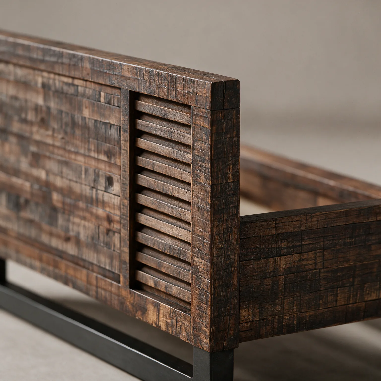 Brown And Black Shiplap Textured Solid Wood Queen Bed Frame, detail