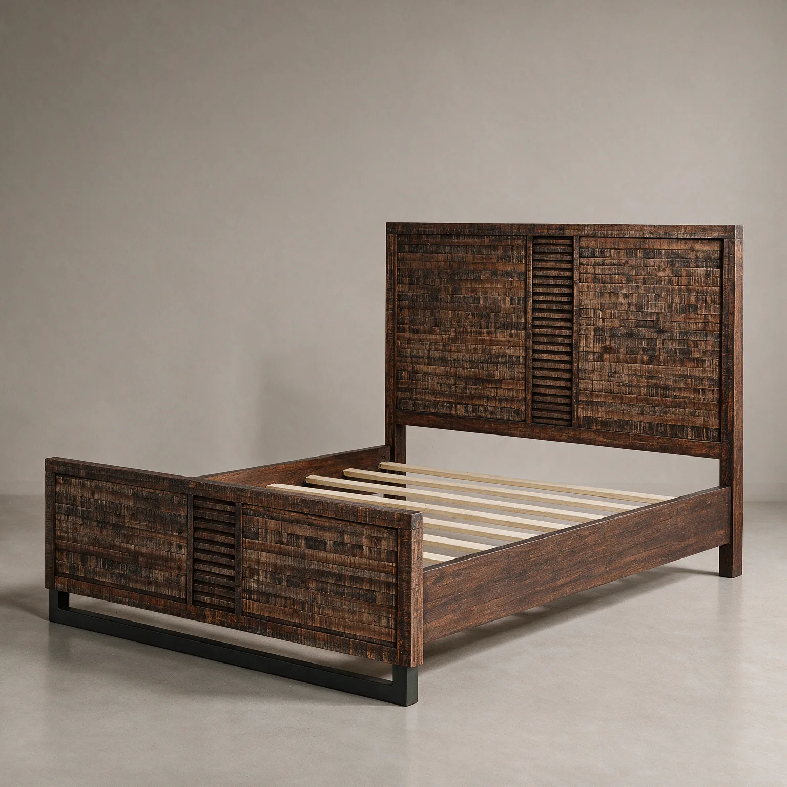 Brown And Black Shiplap Textured Solid Wood Queen Bed Frame, three-quarter view