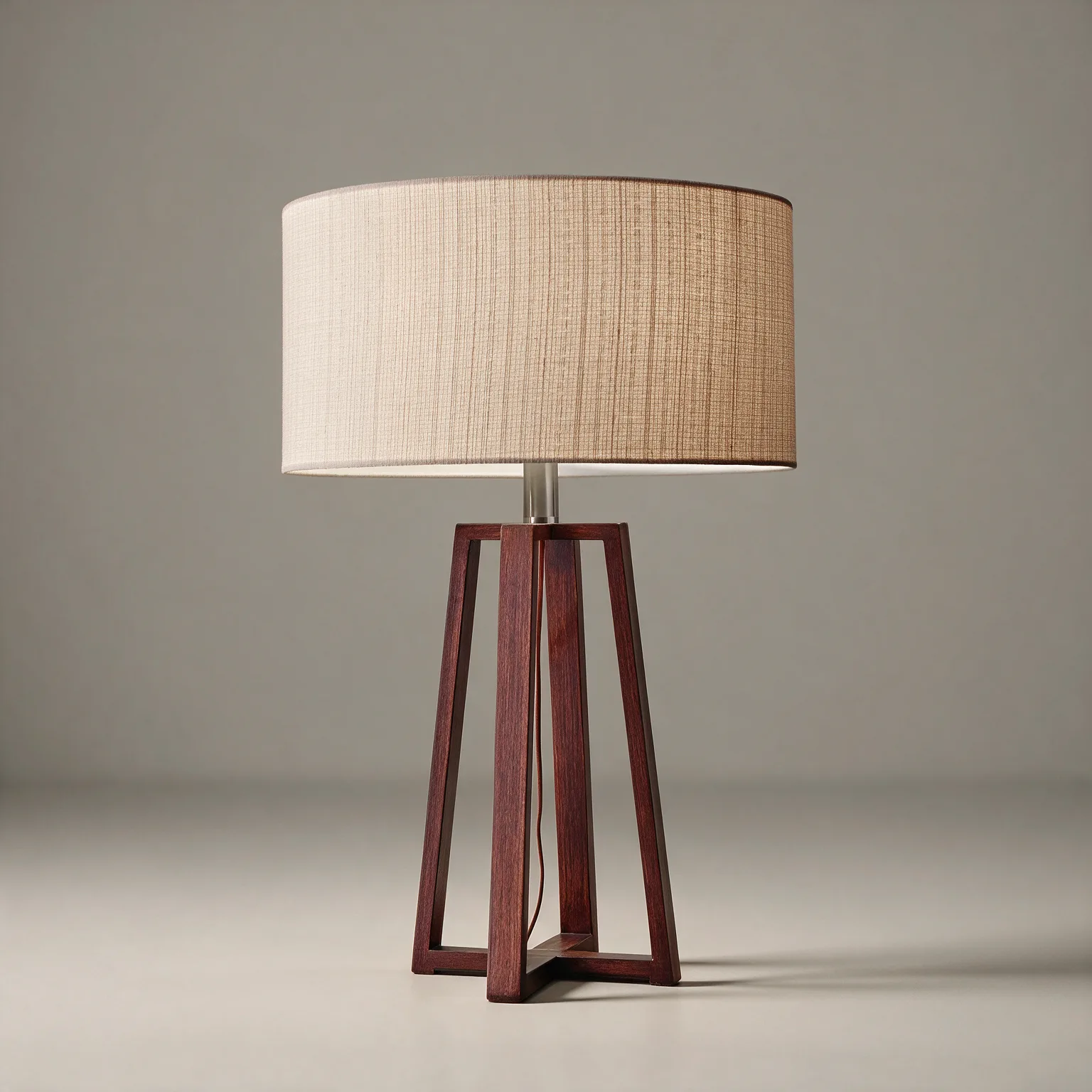 Walnut Wood Finish Linen Fabric Shade Table Lamp, three-quarter view