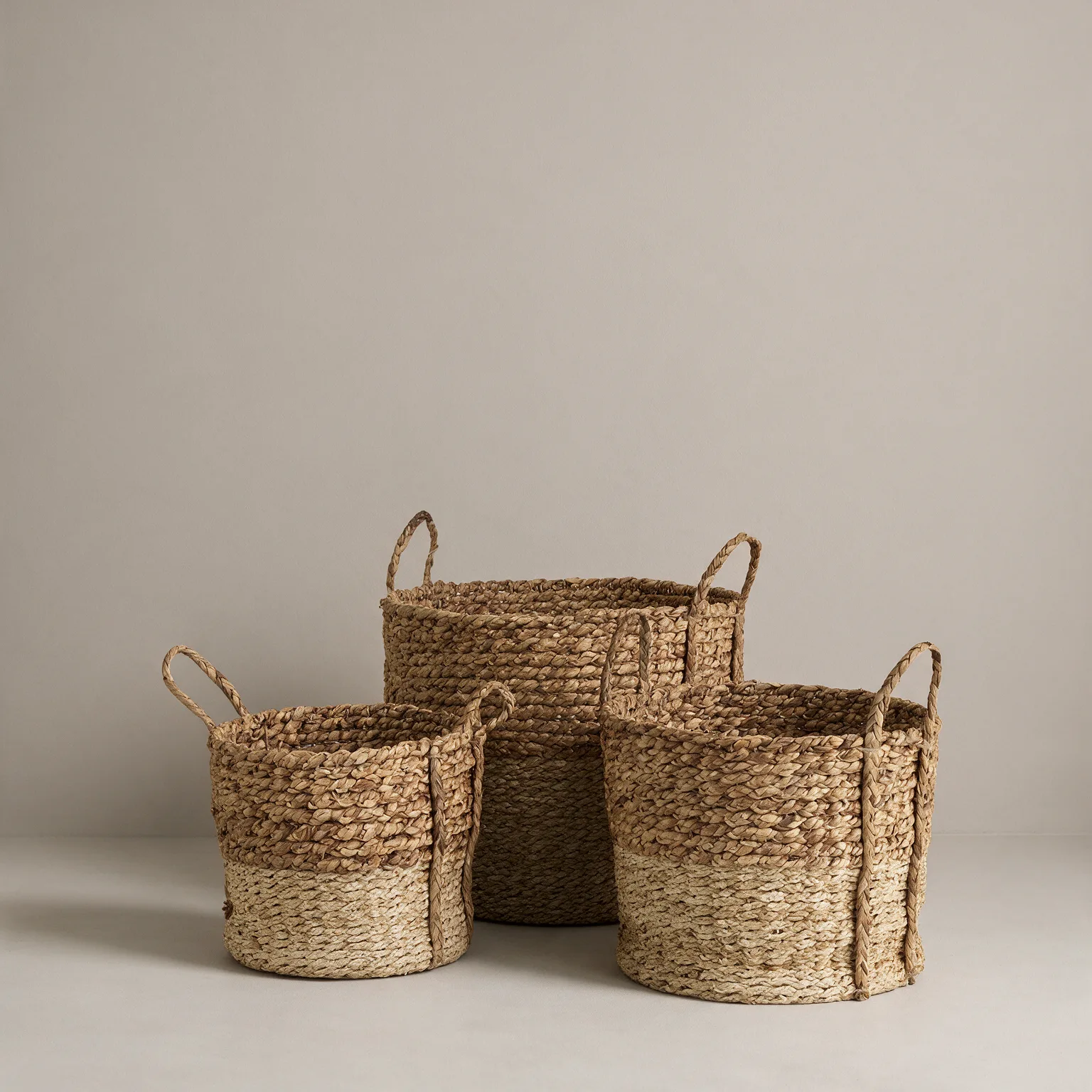 Set of Three Brown Wicker Basket, front view
