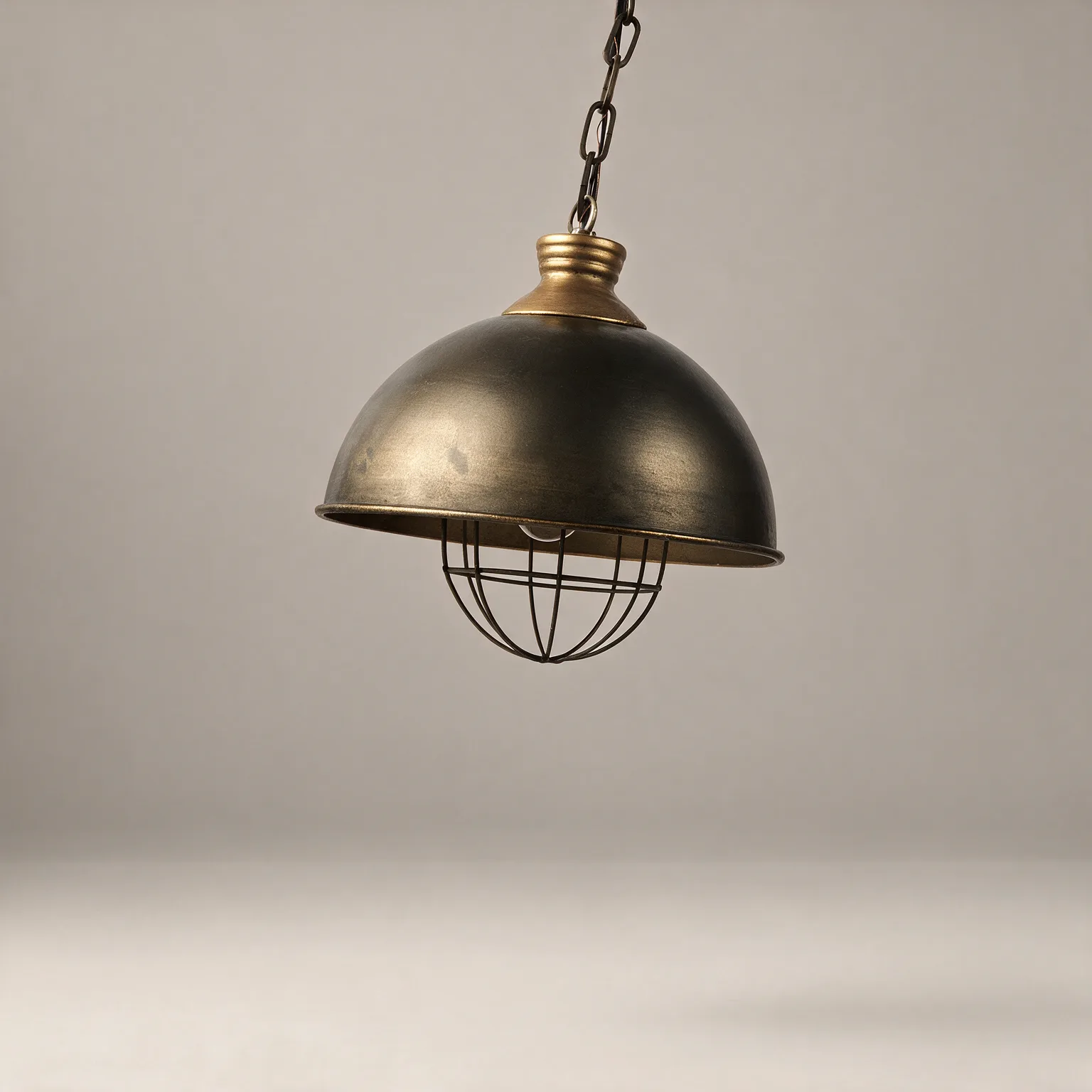 Distressed Bronze Metal Dome Hanging Light, three-quarter view