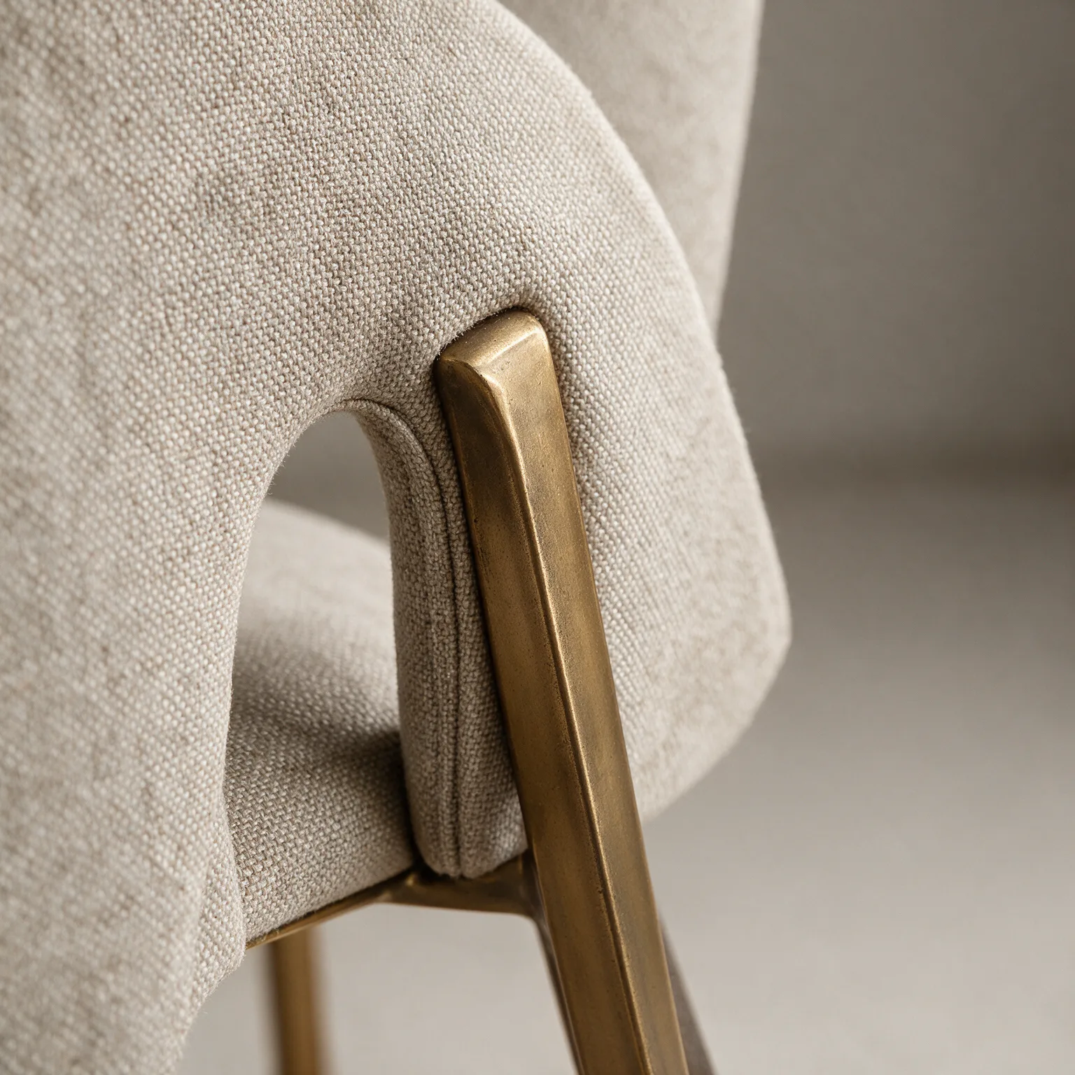 Set of Two Beige And Brass Upholstered Fabric Open Back Dining Side Chairs, detail