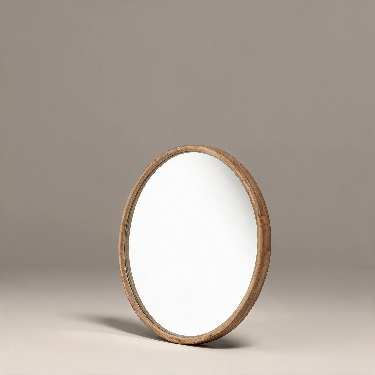 28" Brown Solid Wood Round Framed Accent Mirror, three-quarter view