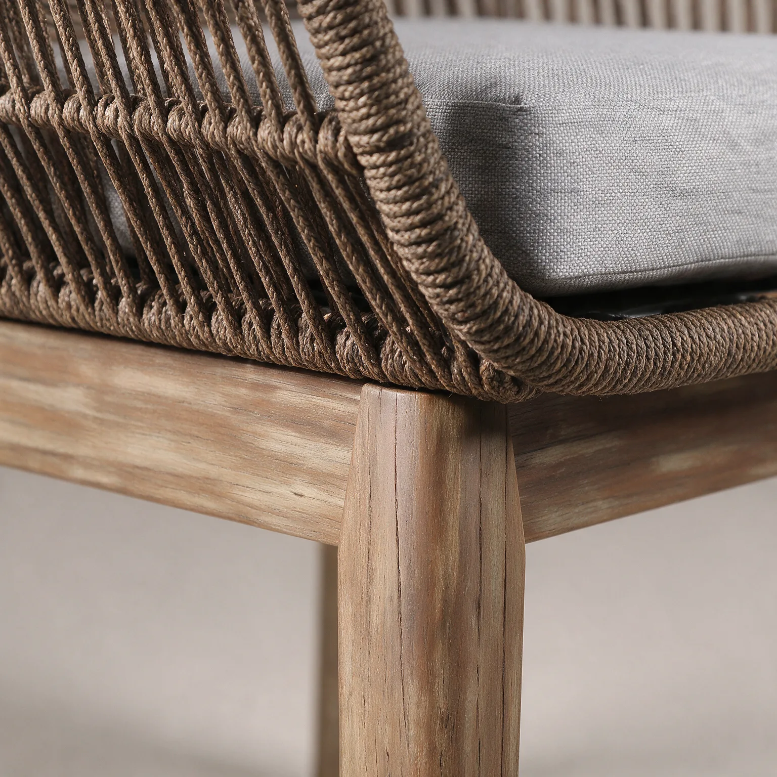 27" Gray and Natural Wood Solid Wood Outdoor Dining Chair with Gray Cushion, detail