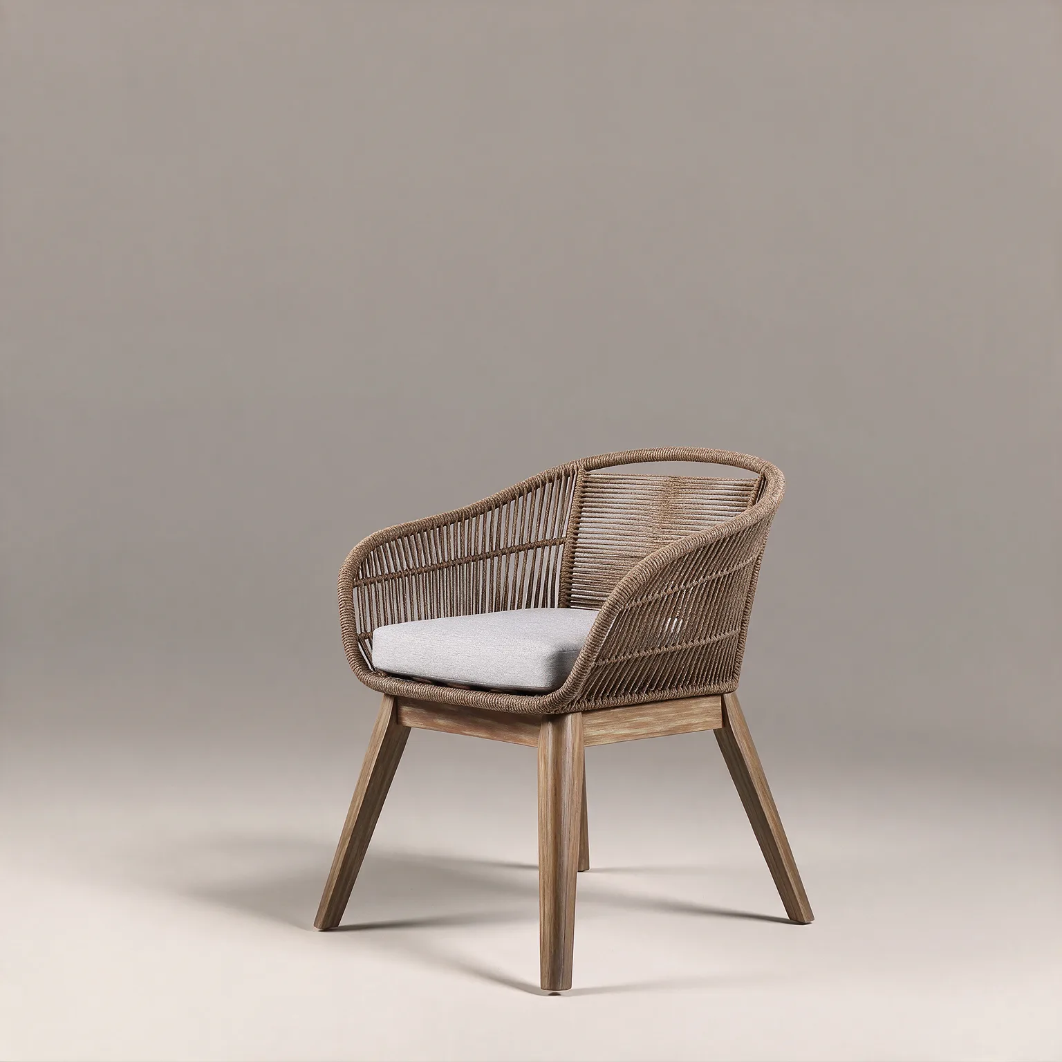 27" Gray and Natural Wood Solid Wood Outdoor Dining Chair with Gray Cushion, three-quarter view