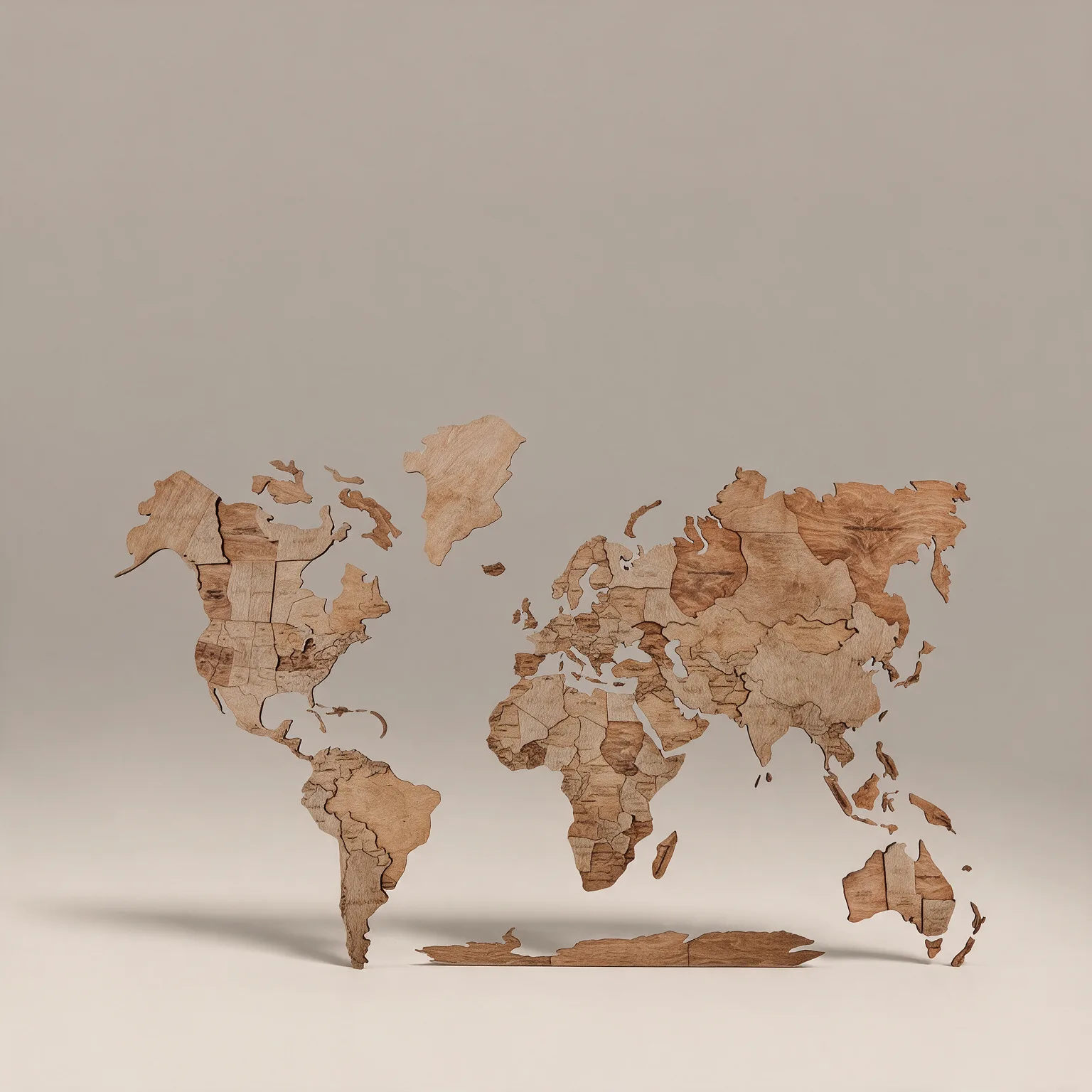 35" X 59" Wood Brown Wood World Map Hanging Dimensional Sculpture, front view