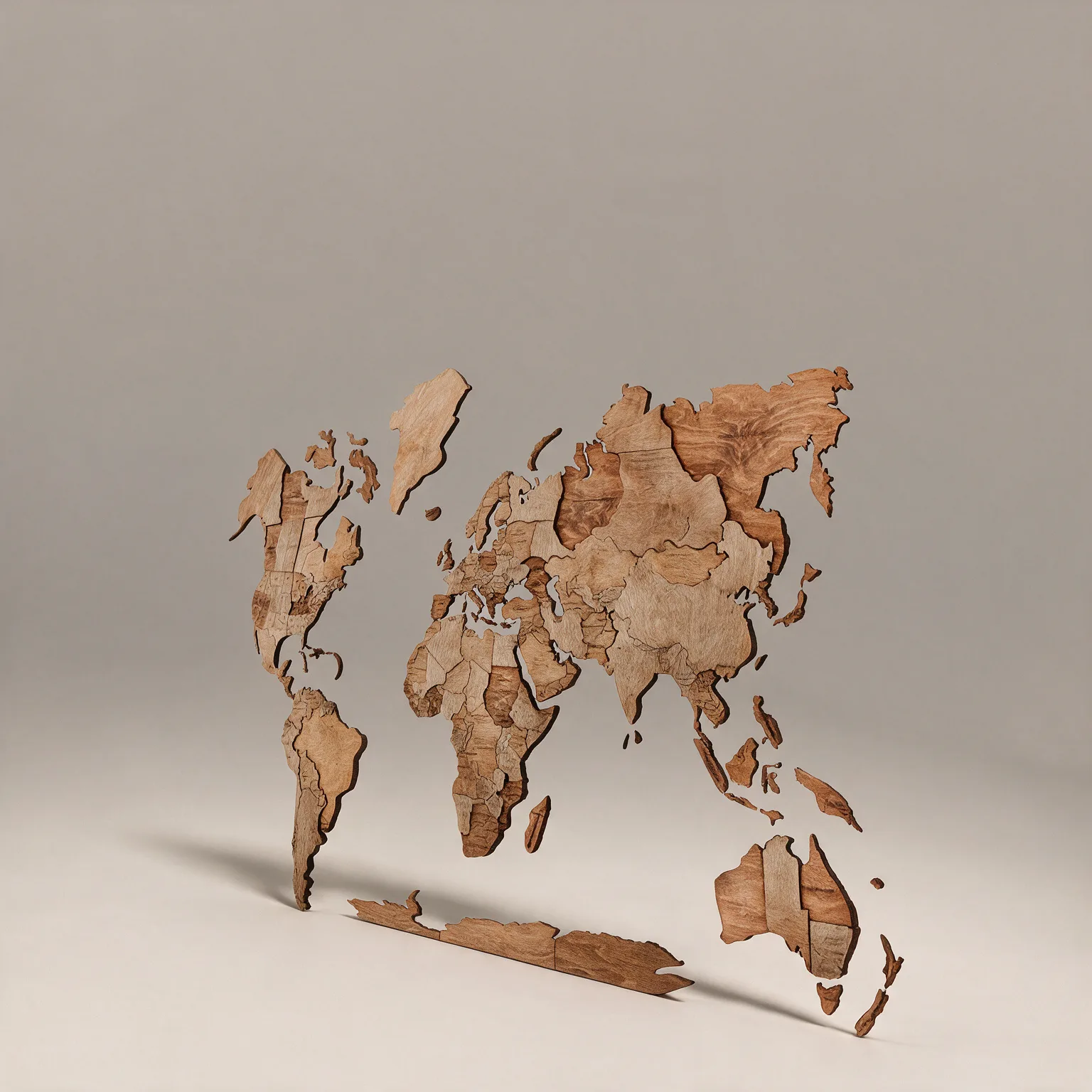 35" X 59" Wood Brown Wood World Map Hanging Dimensional Sculpture, three-quarter view