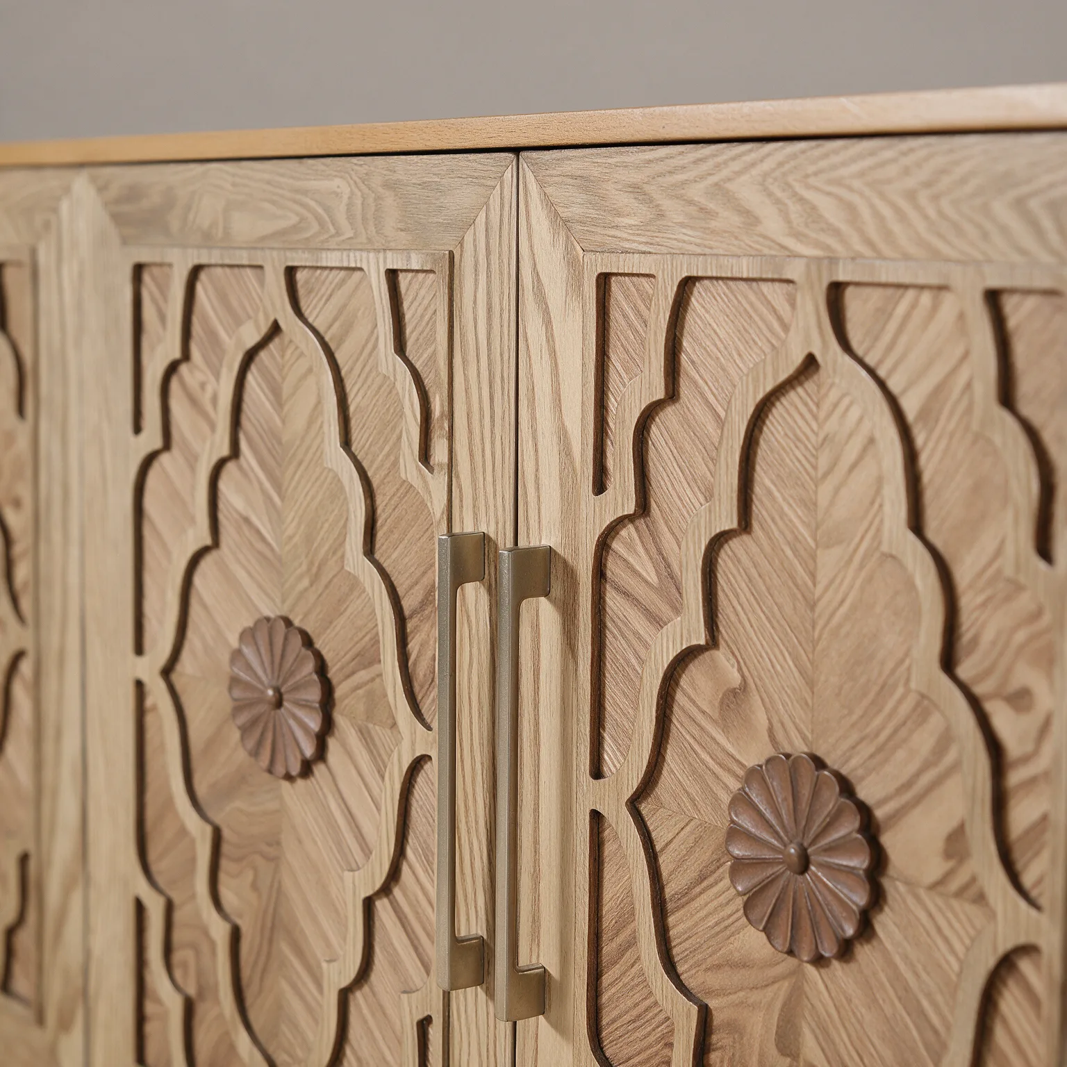 68" Natural Distressed Carved Geometric Sideboard with Four Doors, detail