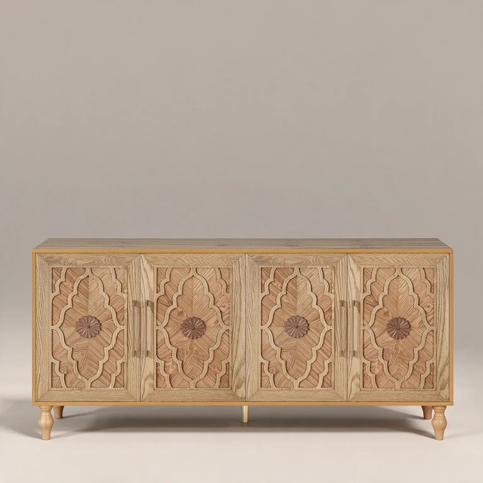 68" Natural Distressed Carved Geometric Sideboard with Four Doors, front view