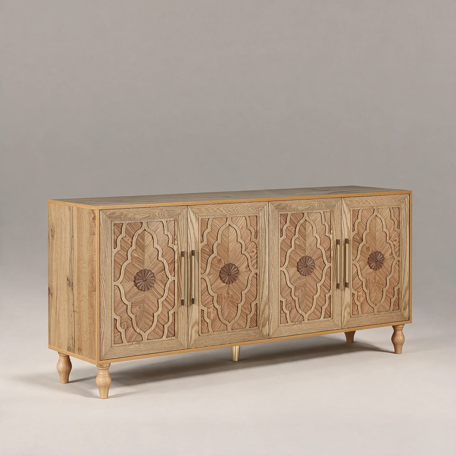 68" Natural Distressed Carved Geometric Sideboard with Four Doors, three-quarter view