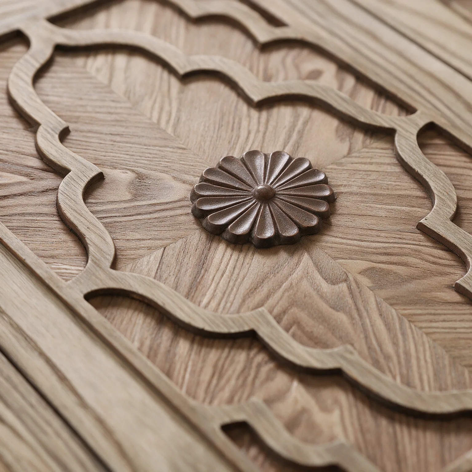 68" Natural Distressed Carved Geometric Sideboard with Four Doors, material close-up