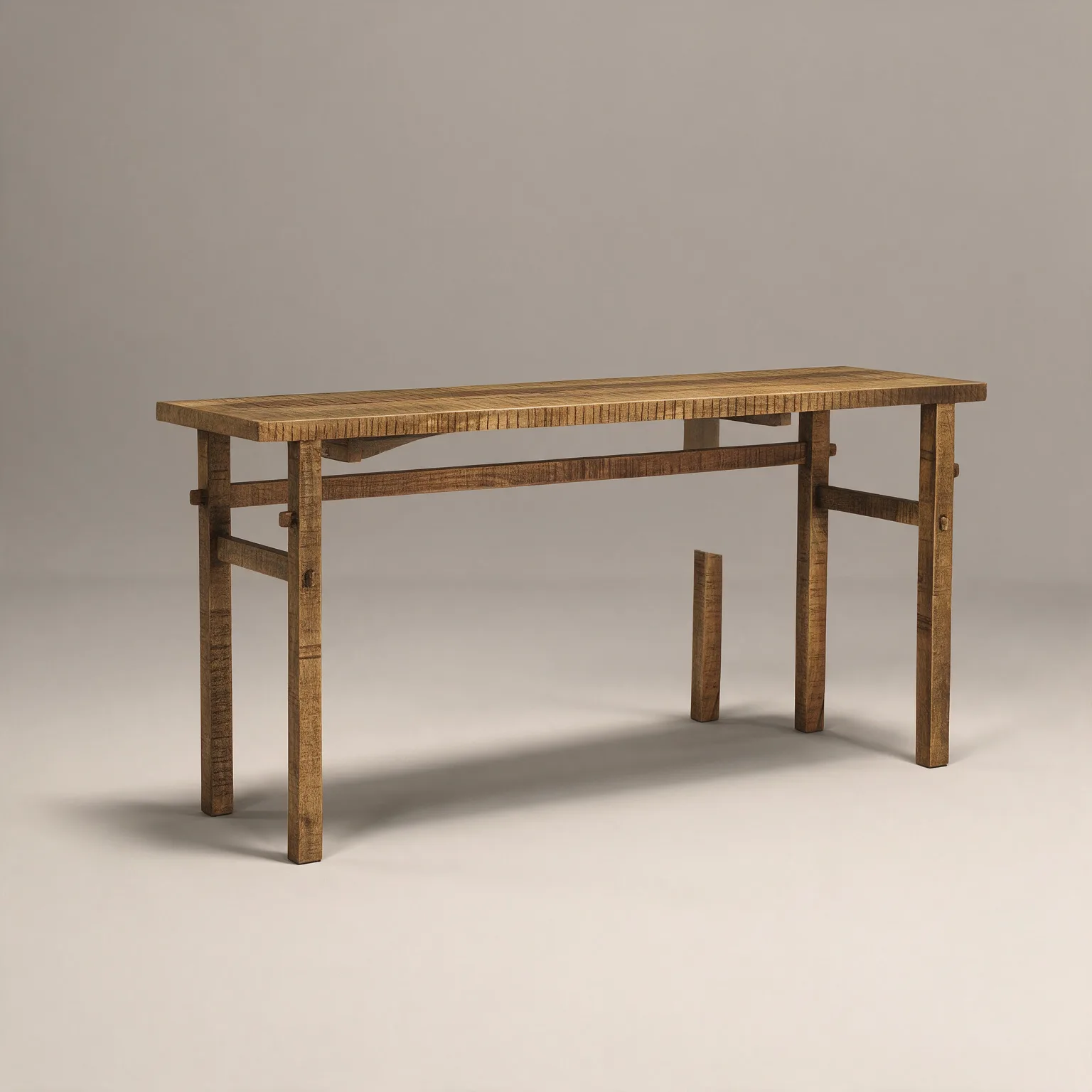 54" Brown Solid Wood Distressed Console Table, three-quarter view