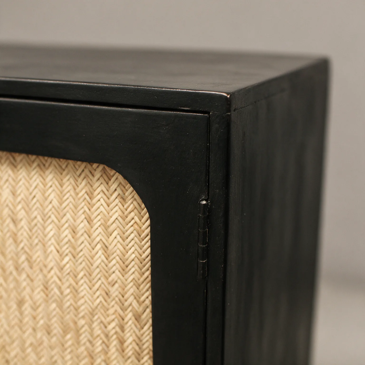 32" Black Distressed Solid Wood Three Drawer Sideboard with Two Doors, detail