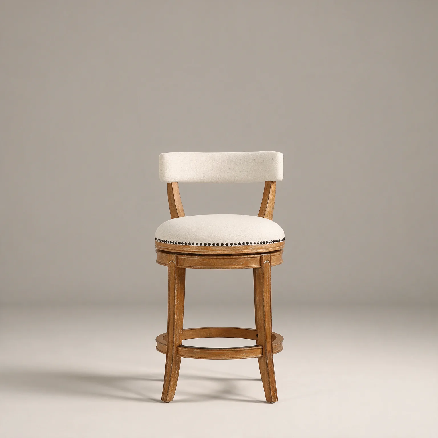 26" Linen And Brown Fabric And Solid Wood Low Back Counter Height Swivel Bar Chair, front view
