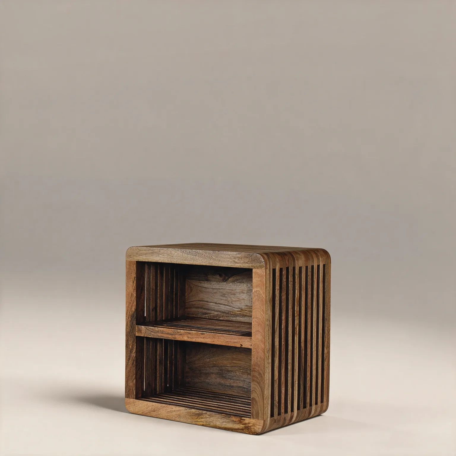 18" Brown Solid Wood Carved Geometric Floating Nightstand, three-quarter view