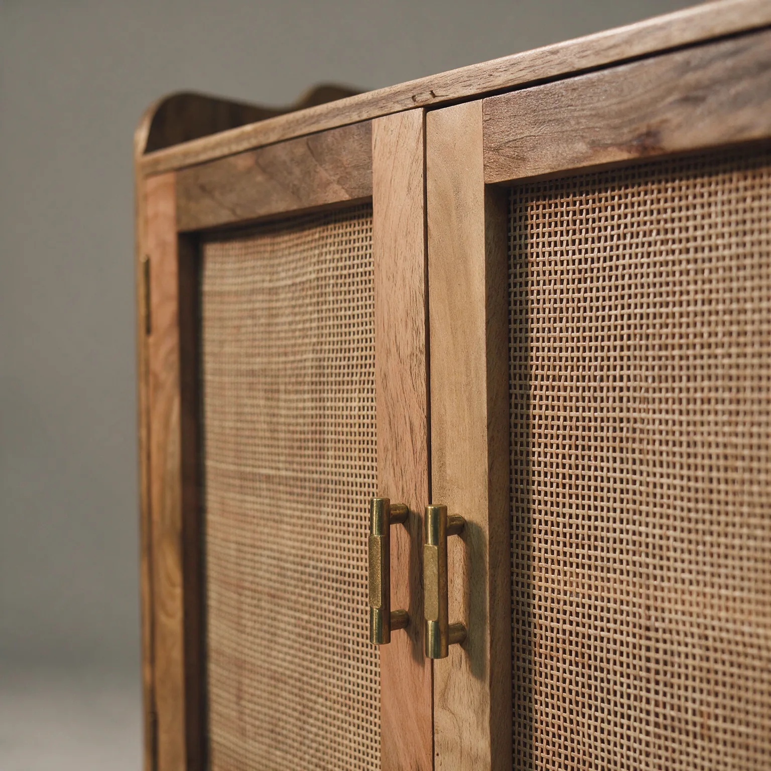 35" Brown Distressed Solid Wood Inlaid Rattan Accent Cabinet With Two Doors, detail