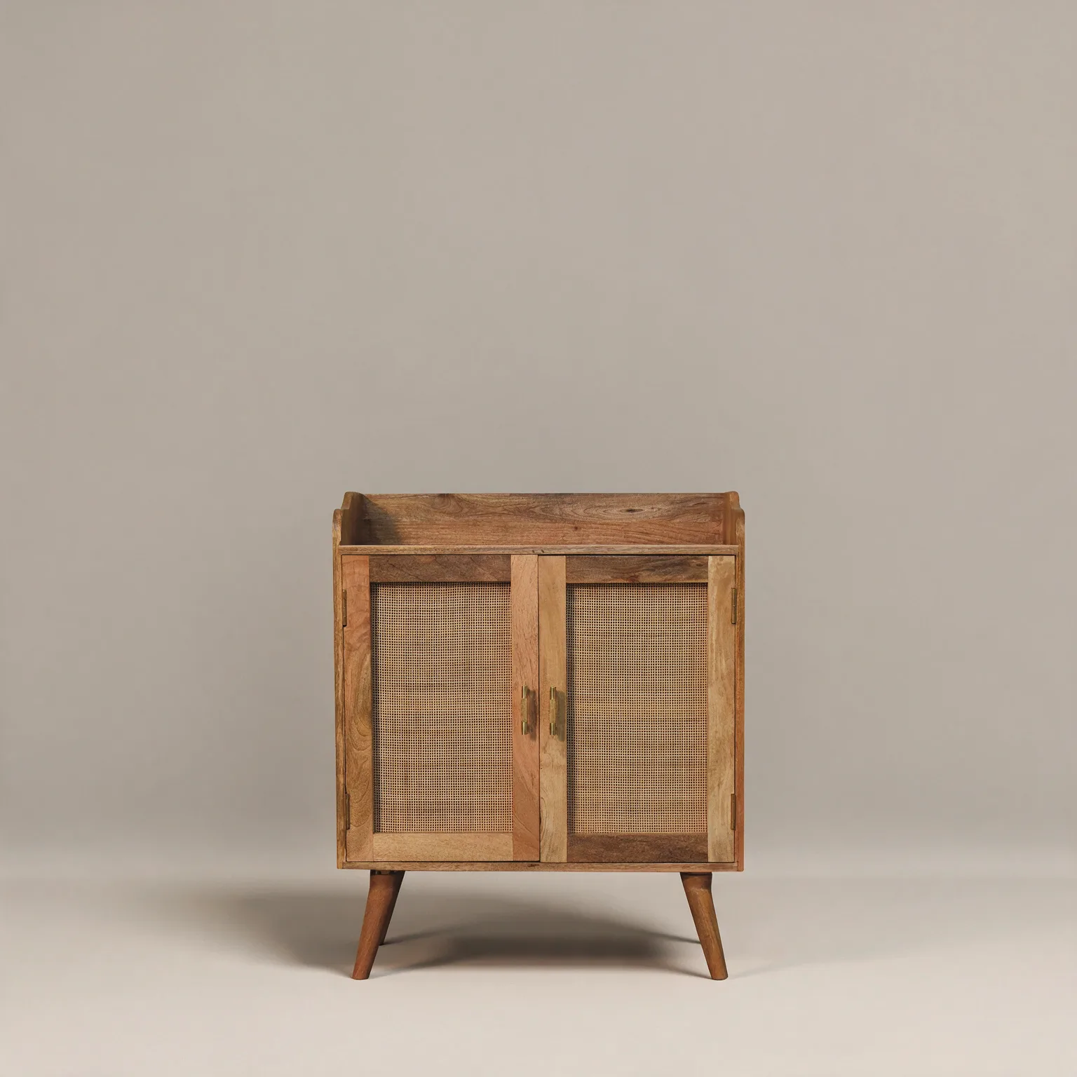 35" Brown Distressed Solid Wood Inlaid Rattan Accent Cabinet With Two Doors, front view