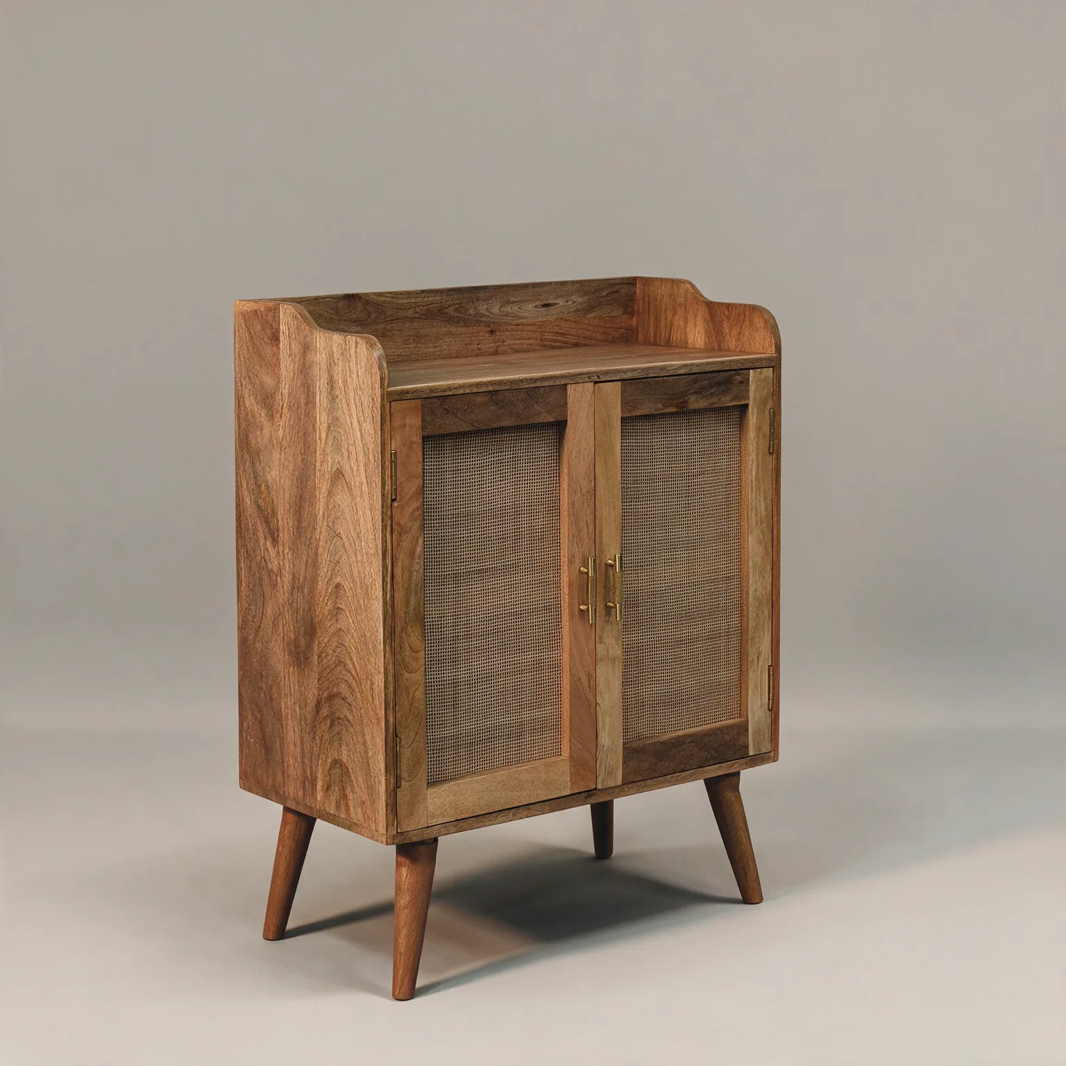 35" Brown Distressed Solid Wood Inlaid Rattan Accent Cabinet With Two Doors, three-quarter view